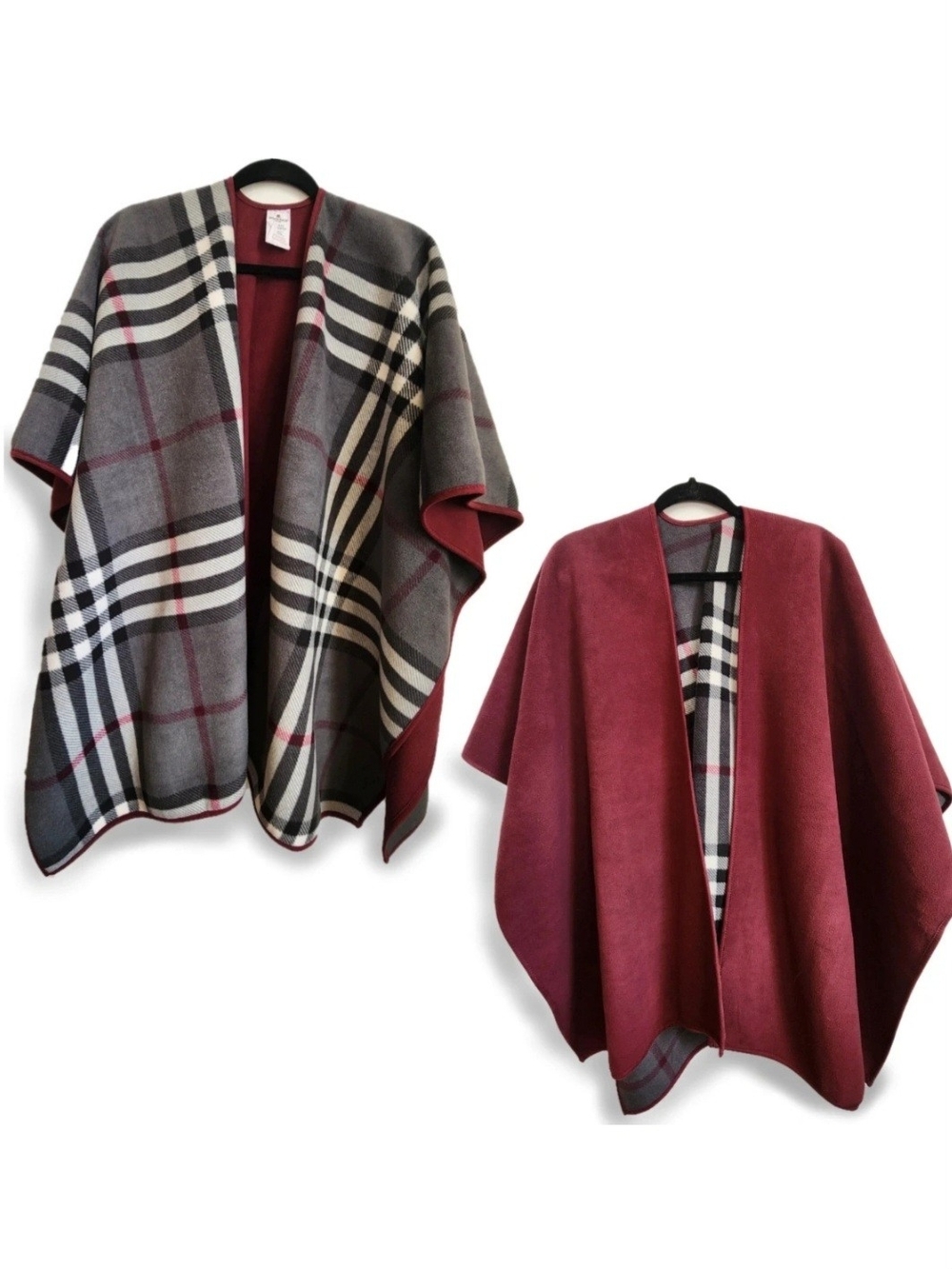 Woolrich Reversible Plaid Blanket Wrap Poncho Fleece Burgundy Gray One Size